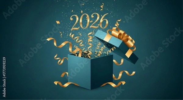 Obraz A festive open gift box with golden ribbon and confetti, celebrating the arrival of the new year 2026. This illustration conveys joy, anticipation. vector illustration
