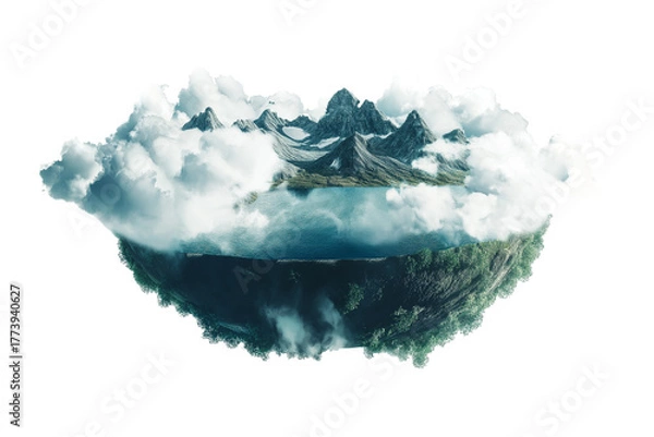 Fototapeta Surreal landscape depicting floating mountains and clouds nature scene digital art ethereal atmosphere aerial perspective dreamlike concept
