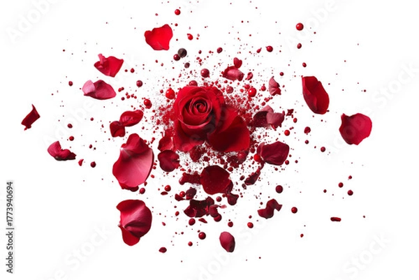 Fototapeta Explosive action of red rose petals in motion artistic display studio background captivating perspective floral beauty concept