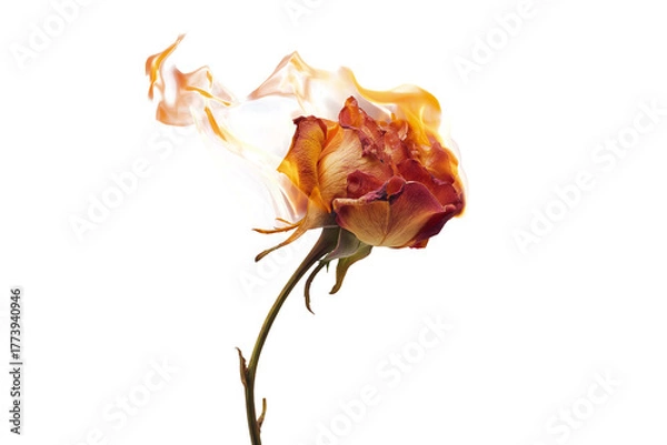 Fototapeta Flaming rose blossom artistic display abstract concept studio setting dramatic perspective symbolizing transformation and passion