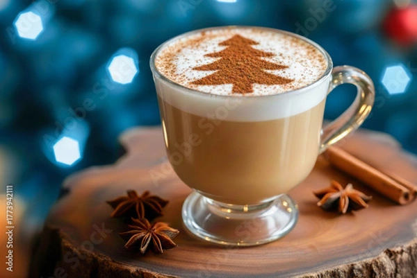 Obraz Close-up of a hot latte in a glass cup with a cinnamon Christmas tree pattern, against a background of star anise and blue bokeh