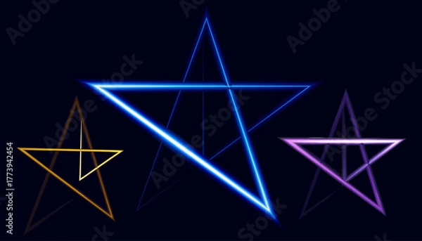 Fototapeta Three Different Colored Star Shapes with Neon Light Effects Background