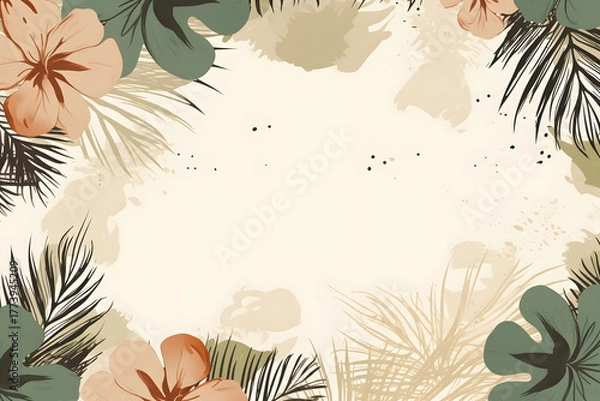 Fototapeta Frame with tropical floral and abstract watercolor splash