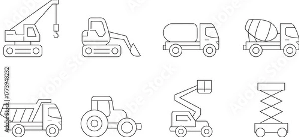 Fototapeta Construction vehicle line art design. pictograms of bulldozer, loader, roller, concrete mixer etc vector design
