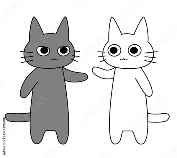 Obraz 白と黒の猫が並んで挨拶をしているかわいいベクターキャラクター。フラットデザインで表現されたシンプルで親しみやすいネコのペアイラスト