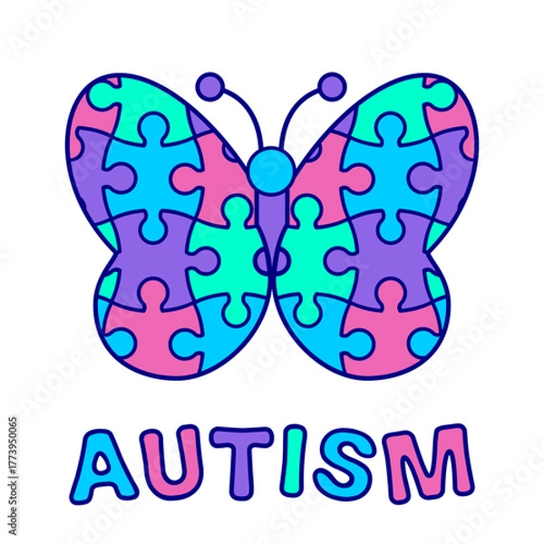 Fototapeta Autism awareness butterfly with puzzle pattern. Symbol of autism acceptance and support. Vector illustration. Autism spectrum social campaigns promoting inclusion, love, potential and understanding.