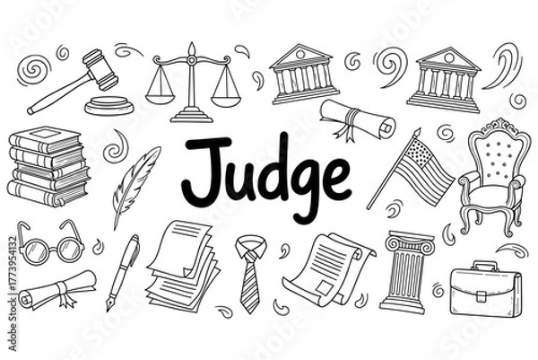 Fototapeta Judge themed doodle illustration with gavel, scales, and legal symbols