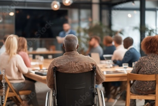 Fototapeta Empowering workplace inclusion collaborative meeting with diverse participants modern office business event professional environment attendee perspective