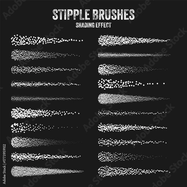 Fototapeta Ink scatter brush, stipple drawing and texturing. Fading gradient. Stippling, dotwork drawing, shading using dots. Halftone disintegration effect. White noise grainy texture. Vector illustration