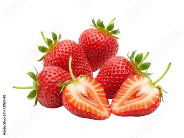 Obraz Group of vibrant red strawberries, one sliced to show the juicy interior
