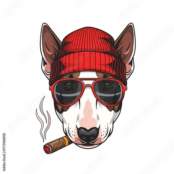 Fototapeta A cool dog wearing a red beanie, sunglasses, and smoking a cigar.