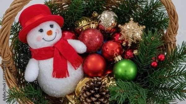 Obraz Festive Christmas decorations with a snowman, ornaments, pinecones, and greenery in a wicker basket. Celebratory holiday display.