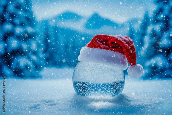 Obraz Close-up of an ice globe with a red Santa hat against a backdrop of blue snow-covered fir trees and snowfall.
