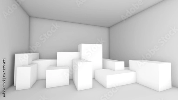 Fototapeta White interior structure of various structural boxes and empty space. 3D rendering.