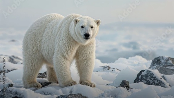 Fototapeta Polar bear in icy landscape from the Arctic with snow and rocks. Wildlife and nature, concept. Animals and environment. The concept of Arctic wildlife and natural habitat.