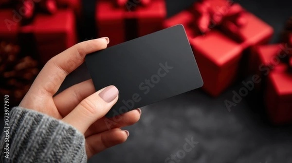 Fototapeta hand holding blank black card gifts
