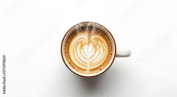 Fototapeta Top view of steaming latte art coffee cup with heart design