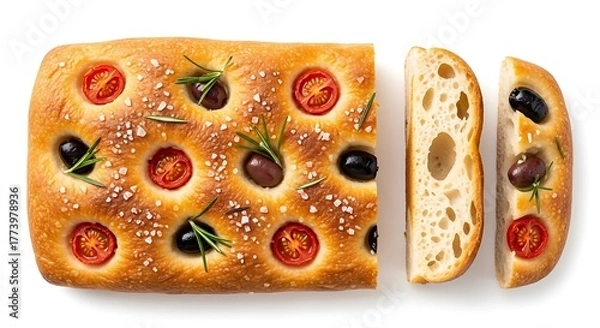 Fototapeta Delicious Focaccia Bread with Tomatoes, Olives, and Rosemary