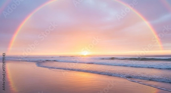 Fototapeta Rainbow Over Calm Ocean Beach - Serene beach scene with a vibrant rainbow arcing over the ocean at sunset. Soft pastel colors create a peaceful and calming atmosphere