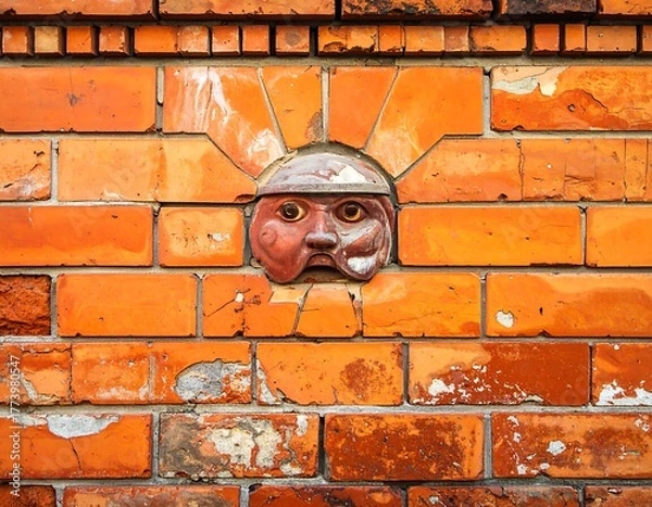 Obraz A brick wall with a sculpted face peering out, centered like a curious window