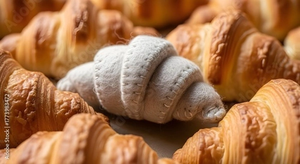 Obraz "Fabric Croissant Among Real Pastries – Conceptual Contrast and Imitation"