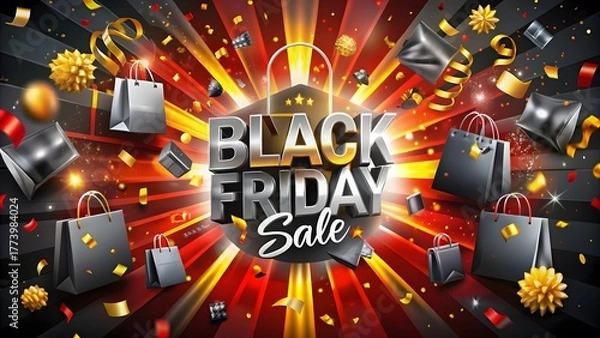 Fototapeta Glamorous Black Friday sale poster with shining effects, confetti, and elegant dark theme