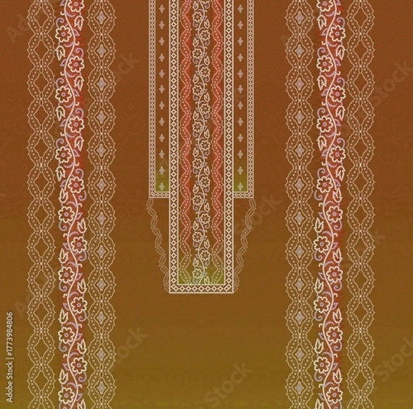 Fototapeta Traditional Textile Pattern with Vertical Floral Lace Bands on Gradient Green to Reddish-Brown Background