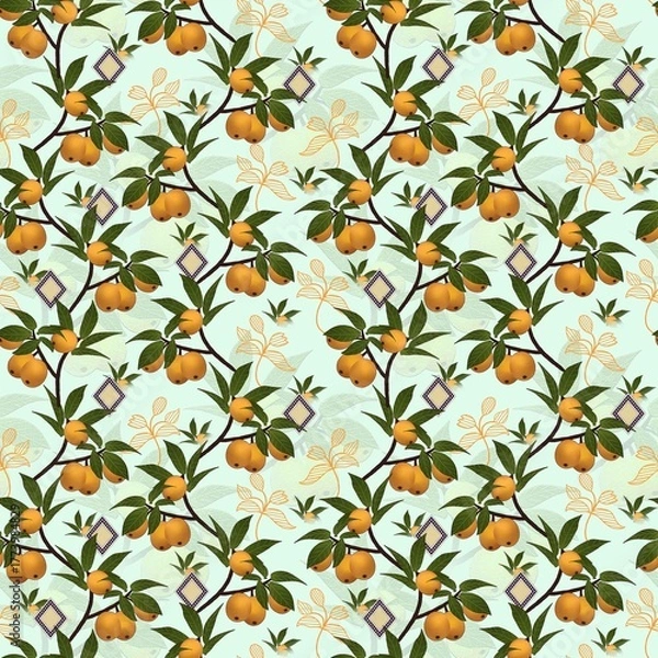Fototapeta Seamless pattern of orange fruits with leaves and diamond shapes