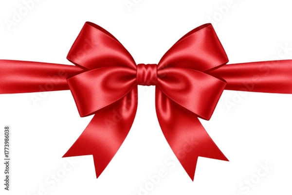 Fototapeta Elegant red satin ribbon with large decorative bow, shiny and realistic texture, isolated on transparent background.
