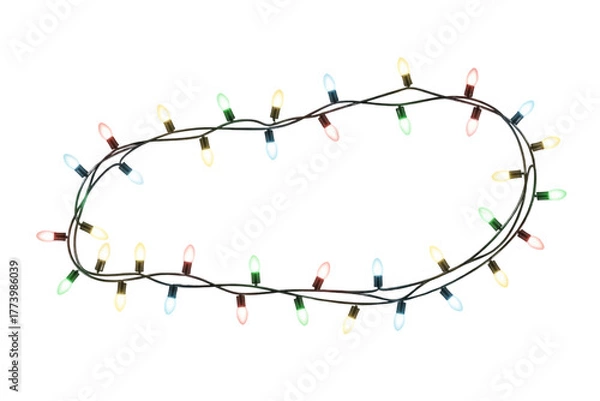 Fototapeta  Glowing string of colorful Christmas lights, bokeh effect, realistic illumination, isolated on transparent background. 