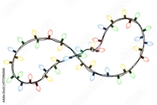 Fototapeta  Glowing string of colorful Christmas lights, bokeh effect, realistic illumination, isolated on transparent background. 