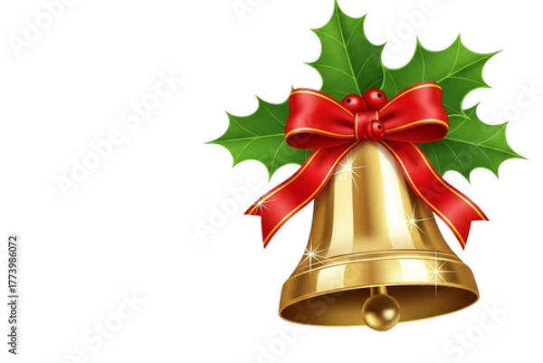 Fototapeta Golden Christmas bell with red ribbon bow and holly leaves, realistic shine and shadows, isolated on transparent background.