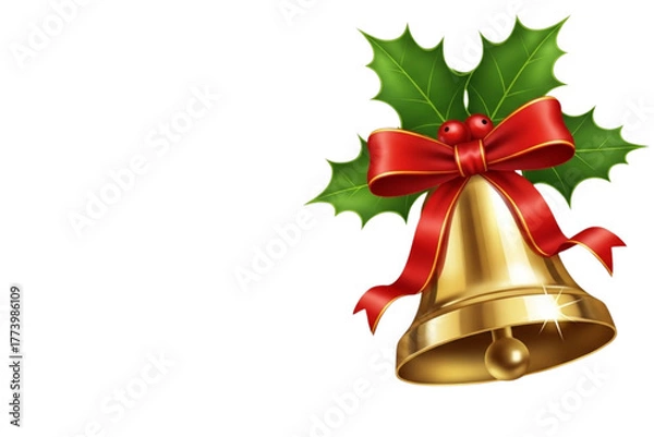 Fototapeta Golden Christmas bell with red ribbon bow and holly leaves, realistic shine and shadows, isolated on transparent background.