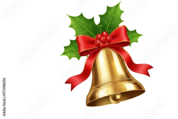 Fototapeta  Golden Christmas bell with red ribbon bow and holly leaves, realistic shine and shadows, isolated on transparent background.