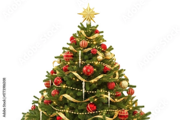 Fototapeta Realistic decorated Christmas tree with red and gold ornaments, fairy lights, and a shiny star on top, isolated on a transparent background, high resolution PNG. 