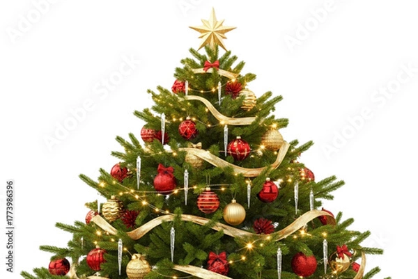 Fototapeta Realistic decorated Christmas tree with red and gold ornaments, fairy lights, and a shiny star on top, isolated on transparent background, high resolution PNG.