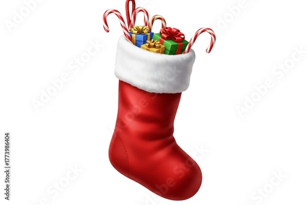Fototapeta  Red Christmas stocking with white fluffy top, filled with candy canes and small gifts, isolated on transparent background, realistic style.