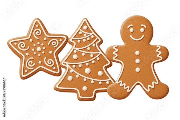 Fototapeta Set of gingerbread cookies in star, tree, and man shapes with icing decoration, cute and cozy style, isolated on transparent background. 