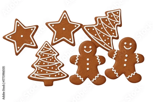 Fototapeta Set of gingerbread cookies in star, tree, and man shapes with icing decoration, cute and cozy style, isolated on transparent background.