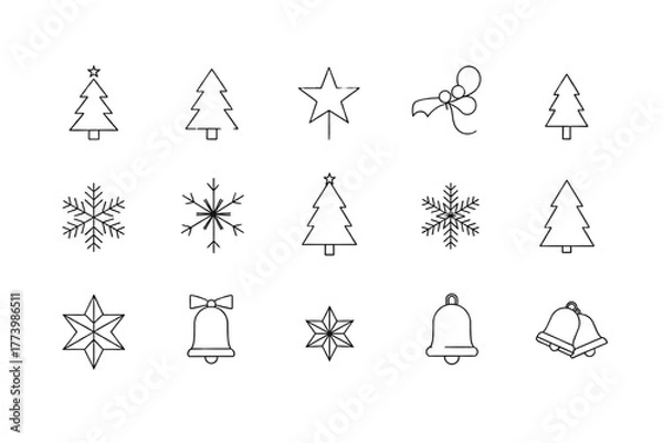 Fototapeta  Set of minimalist Christmas icons — trees, snowflakes, stars, bells — flat vector style, isolated on transparent background. 