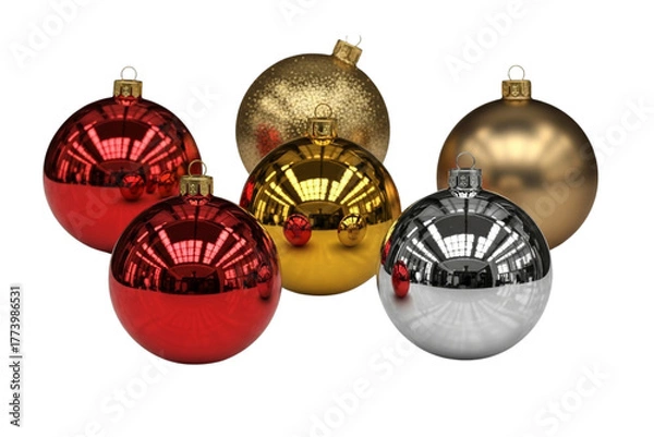 Fototapeta Set of red, gold, and silver Christmas ornament balls with reflections, realistic shadows, isolated on transparent background.