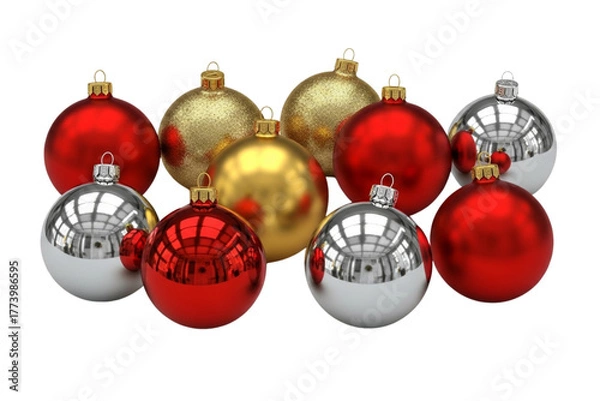Fototapeta Set of red, gold, and silver Christmas ornament balls with reflections, realistic shadows, isolated on transparent background. 