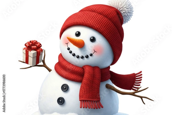 Fototapeta Smiling snowman with a red hat and scarf, carrot nose, button eyes, holding a small gift, isolated on transparent background, realistic cute style.