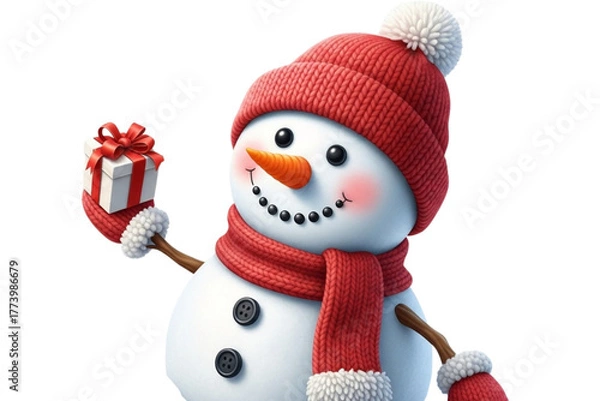 Fototapeta  Smiling snowman with a red hat and scarf, carrot nose, button eyes, holding a small gift, isolated on transparent background, realistic cute style.