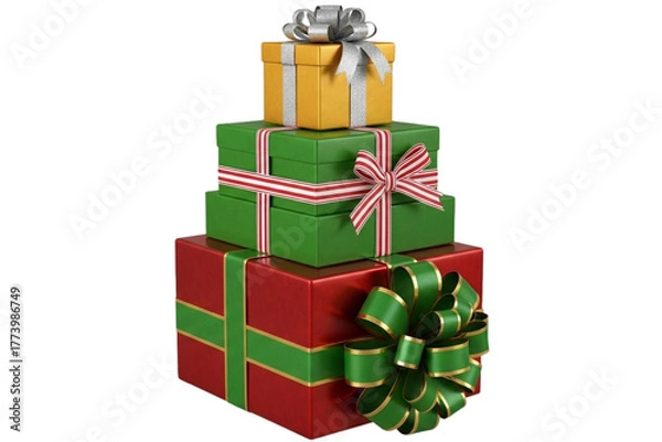Fototapeta Stack of colorful Christmas gift boxes wrapped with ribbons and bows, festive and shiny texture, isolated on transparent background, 3D realistic style.