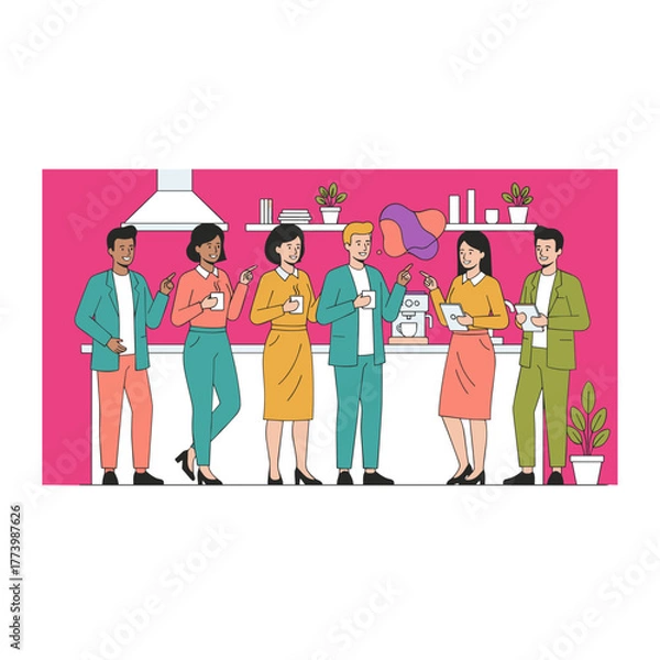 Fototapeta Diverse business team networking and chatting during an office coffee break Conceptual teamwork