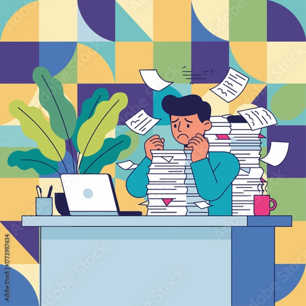 Obraz Overwhelmed worker buried under a massive pile of office paperwork and documents Stress and burnout