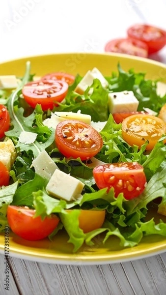 Obraz A bright yellow plate holds a colorful salad of greens, tomatoes, and chunks of cheese