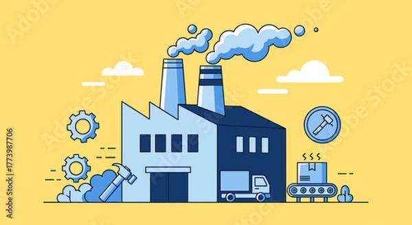 Obraz Industrial factory production line delivery and machinery Flat vector illustration concept