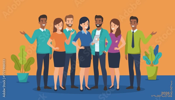 Obraz Diverse business team smiling and collaborating Professional staff teamwork and corporate success illustration